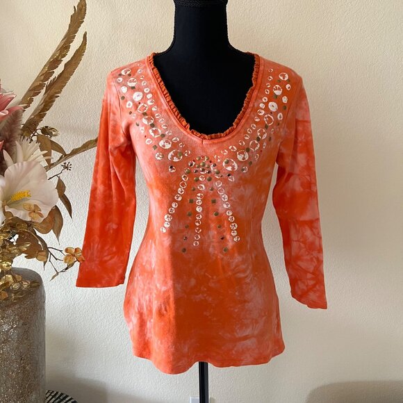 Coral Tie-Dye Y2K Studded Ruffle V-Neck Top - Picture 1 of 7